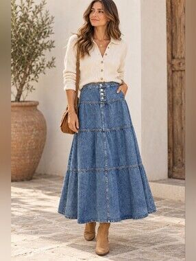RISEN Medium Wash Tiered Maxi Long Skirt Cottagecore Western Flowy Various NEW